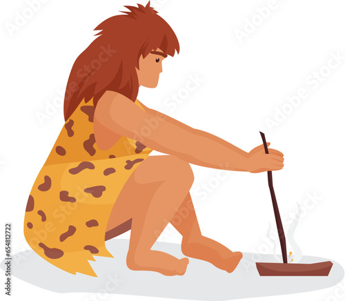 Stone age woman making fire. Primitive people light fire cartoon vector illustration