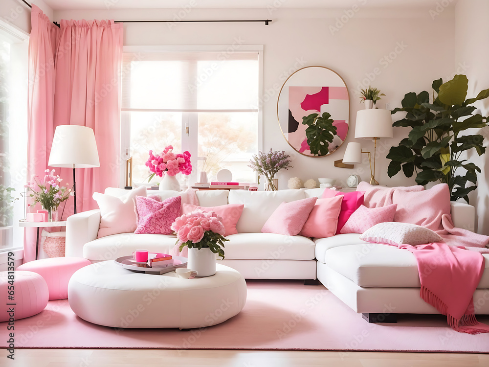 Beautiful cozy bright modern living room with white sofa and pink decor. Beautiful cozy bright modern living room with white sofa and pink decor.