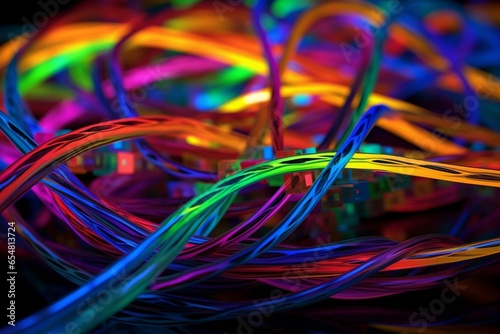 Conceptual network connection with colorful plastic wires connected to computer supply for data cable management. Generative AI