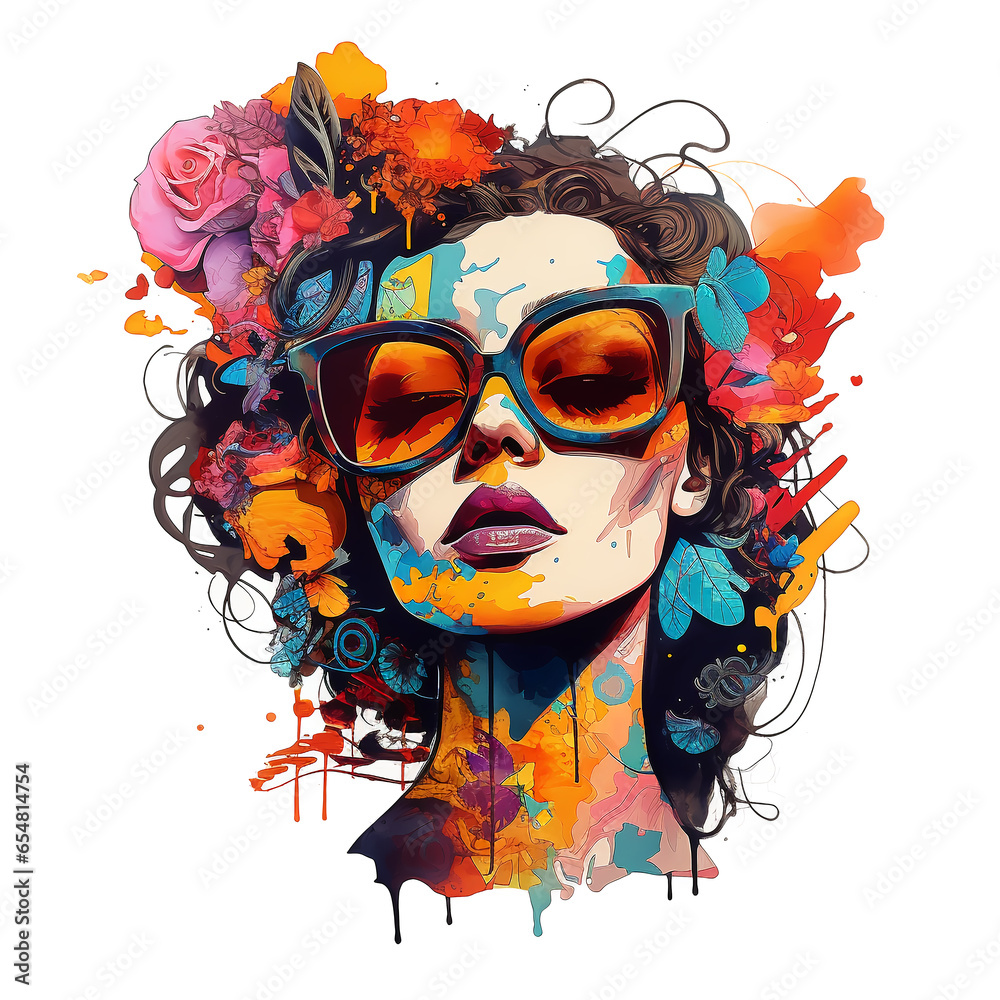 sticker, avatar, face of a girl in sunglasses with floral realistic style and splash of color on white background