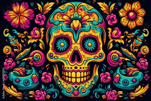 Illustration of a vibrant skull adorned with flowers on a dramatic black backdrop. Day of the dead - created with Generative AI technology