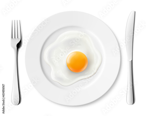 Plate with delicious fried egg and stainless steel cutlery, fork and knife, isolated on white background. Realistic 3D vector illustration. delicious breakfast, top view.