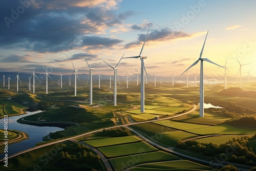 Wind farm or high wind turbine park for electric power. Green Energy. Generative AI