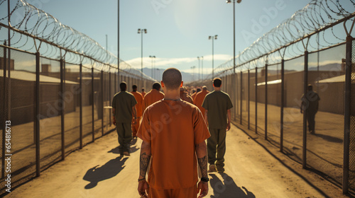 Fényképezés Criminal Rehabilitation, Inmates Daily Walks in the Prison Yard, Incarcerated Li