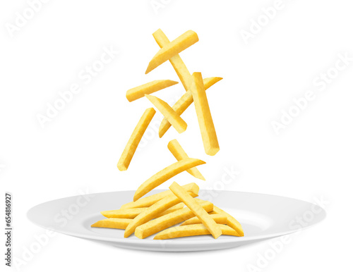 Crispy crunchy tasty French fries. Junk food for restaurant menu. Fried potatoes unhealthy fast food. Realistic 3D vector illustration. French fries falling on a white ceramic plate