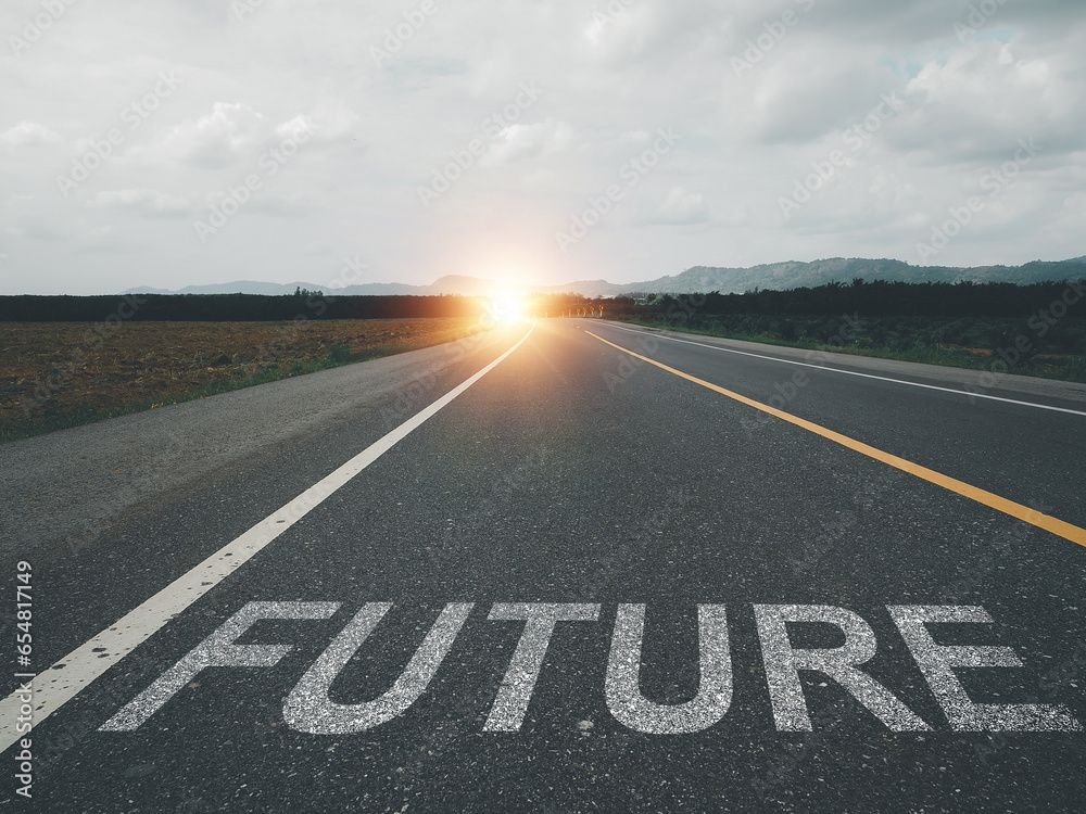 Fototapeta premium Future message on asphalt road with light at the destination