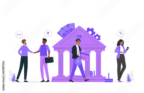Vector concept for financial with person carrying money and women using mobile illustration