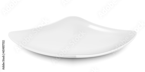 Empty square ceramic plate low angle shot, isolated on white background. White dishes for chips. Mockup of tableware, kitchen utensils. Realistic vector illustration. 3d design