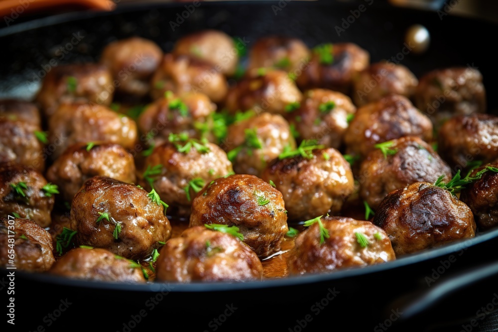Fried pork meatballs in frying pan