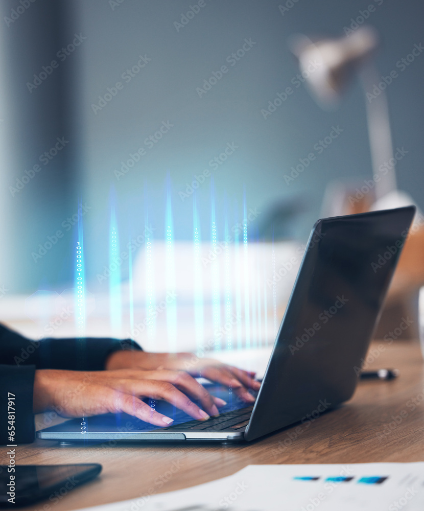 © Mumtaaz D/peopleimages.com - Laptop, hands and data hologram in office, coding software or ux programming for analysis, technology or analytics. Cybersecurity, ui design and digital career as marketing analyst, web or statistics