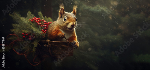 Squirrel with Christmas tree branches and red berries