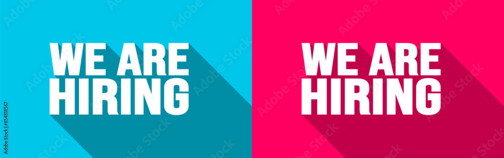 We are hiring job vacancy long shadow banner, poster and social media post template. business concept of search and recruitment. join our team announcement lettering in speech. Vector Illustration.