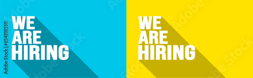 We are hiring job vacancy long shadow banner, poster and social media post template. business concept of search and recruitment. join our team announcement lettering in speech. Vector Illustration.