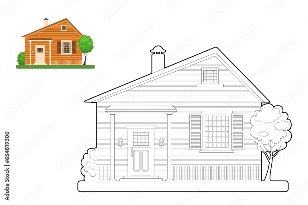 Coloring book of cute wooden house. Vector illustration with editable stroke. Cartoon flat style