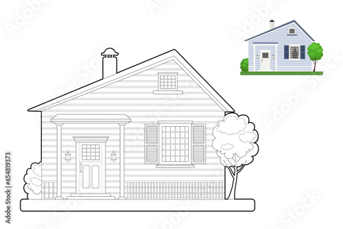 Coloring page of cute blue house. Vector illustration with editable stroke. Cartoon flat style