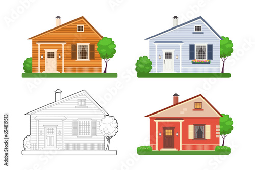 Set of cute color and contour houses with plants. Vector illustration with editable stroke. Cartoon flat style