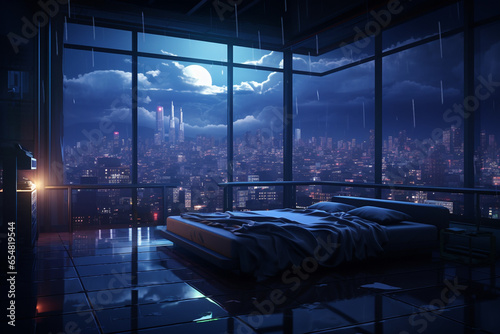 an image in the anime art style, of a bedroom interior with a panoramic window view of a futuristic cityscape at night, rain streaming down the glass. | Generative Ai