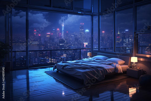 an image in the anime art style, of a bedroom interior with a panoramic window view of a futuristic cityscape at night, rain streaming down the glass. | Generative Ai