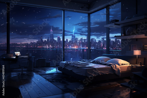 an image in the anime art style, of a bedroom interior with a panoramic window view of a futuristic cityscape at night, rain streaming down the glass. | Generative Ai