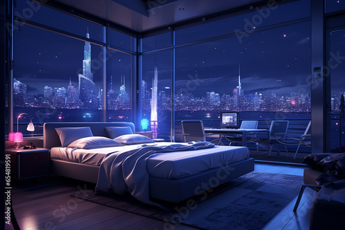 an image in the anime art style, of a bedroom interior with a panoramic window view of a futuristic cityscape at night, rain streaming down the glass. | Generative Ai