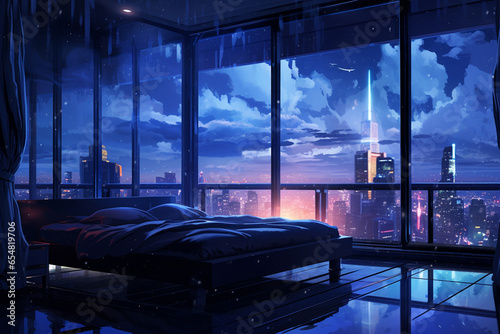 an image in the anime art style, of a bedroom interior with a panoramic window view of a futuristic cityscape at night, rain streaming down the glass. | Generative Ai