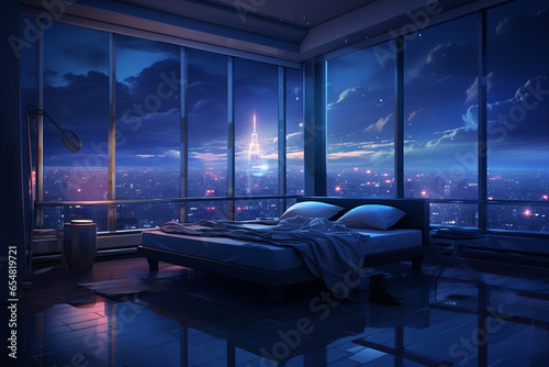 an image in the anime art style, of a bedroom interior with a panoramic window view of a futuristic cityscape at night, rain streaming down the glass. | Generative Ai