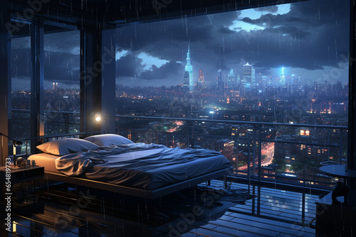 an image in the anime art style, of a bedroom interior with a panoramic window view of a futuristic cityscape at night, rain streaming down the glass. | Generative Ai