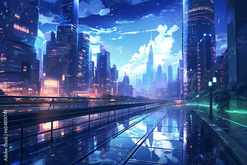 an image in the anime art style, of a bedroom interior with a panoramic window view of a futuristic cityscape at night, rain streaming down the glass. | Generative Ai