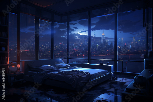 an image in the anime art style, of a bedroom interior with a panoramic window view of a futuristic cityscape at night, rain streaming down the glass. | Generative Ai