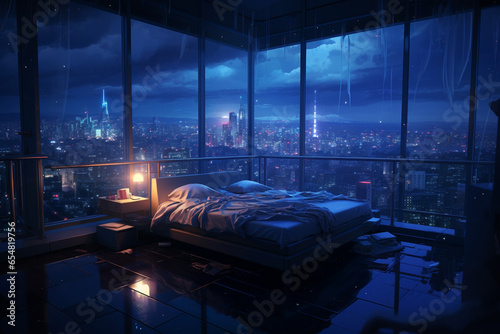an image in the anime art style, of a bedroom interior with a panoramic window view of a futuristic cityscape at night, rain streaming down the glass. | Generative Ai