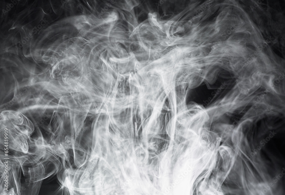 Smoke, steam or gas in a studio with dark background by mockup space for magic effect with abstract. Incense, fog or vapor mist moving in air for cloud smog pattern by black backdrop with mock up