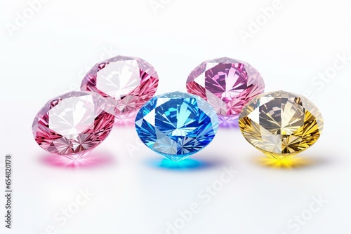 Round diamonds in pink, blue, yellow colors, seen from the side, isolated on a white background. Generative AI