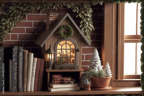 a small dollhouse in the style of an elfs house on the fireplace mantel lined with fir branches it snows outsidenatural lighting shot on Canon EF 85mm f11 USM Prime Lens closeup ISO 100  photo