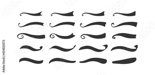 Swoosh and swoops double underline typography tails shapes. Brush drawn thick curved smears. Hand drawn collection of curly swishes, swashes, squiggles. Vector calligraphy doodle swirls.