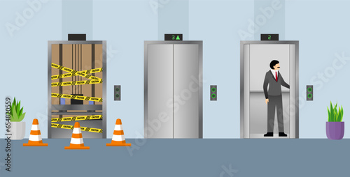 business man getting into elevator, Broken elevators closed for maintenance, lift with caution sign because is danger to use, vector illustrator