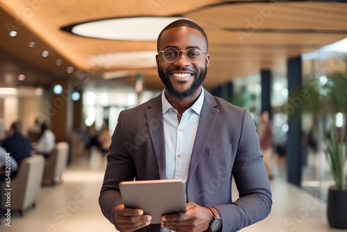 portrait african american businessman using digital tablet in hotel or office photo