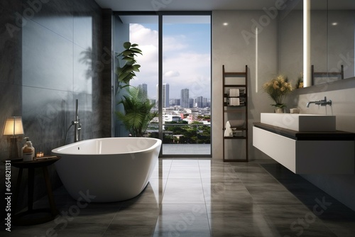 Bathroom with urban view  tiled floor  and serene ambiance. Promotes cleanliness and calmness. Generative AI