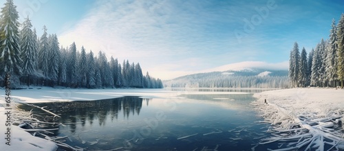 Panoramic view of lake with snowy pine forest and blue sky in winter
