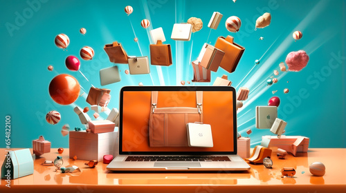 laptop surrounded by parcels, representing online shopping. generative AI