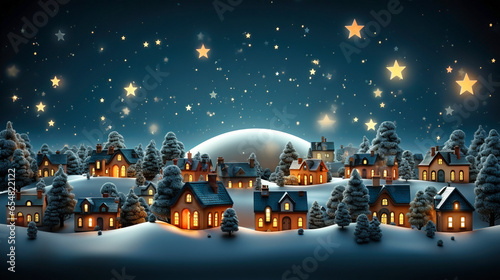 illustration of houses on a snowy and starry Christmas night . Generative AI