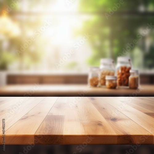Wooden table in front of a window with a view blur bokeh background