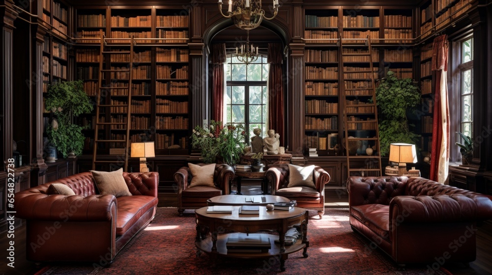 a classic home library with rich mahogany bookshelves and leather armchairs, a haven for bibliophiles and lovers of traditional elegance - obrazy, fototapety, plakaty 