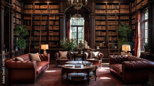 a classic home library with rich mahogany bookshelves and leather armchairs, a haven for bibliophiles and lovers of traditional elegance © Muhammad