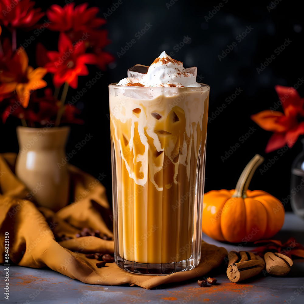 Hand holding pumpkin cream cold brew latte in the park Hand holding pumpkin cream cold brew latte in the park