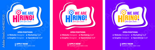 We are hiring job vacancy social media post banner design template set. business concept of search and recruitment. join our team announcement lettering in speech. Vector Illustration.