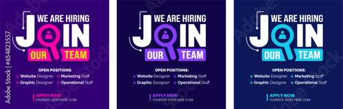 We are hiring job vacancy social media post banner design template set. business concept of search and recruitment. join our team announcement lettering in speech. Vector Illustration.