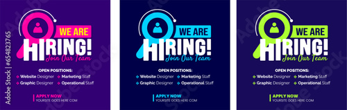 We are hiring job vacancy social media post banner design template set. business concept of search and recruitment. join our team announcement lettering in speech. Vector Illustration.