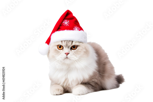 A Cute Cat wearing Christmas Santa Claus hat on a white background studio shot © JetHuynh