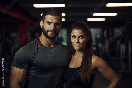 Generative AI picture of sporty married people couple in love training together in a sports gym © Tetiana