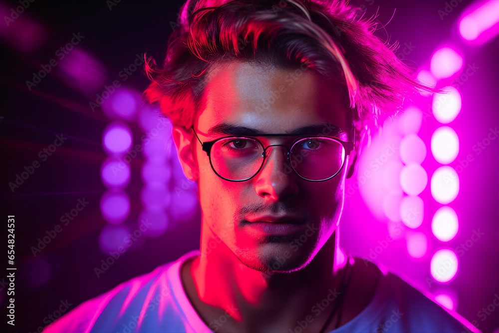 Generative AI image of nice smiling guy dancing chilling in nightclub with neon bright illumination on blurred background Generative AI image of nice smiling guy dancing chilling in nightclub with neon bright illumination on blurred background